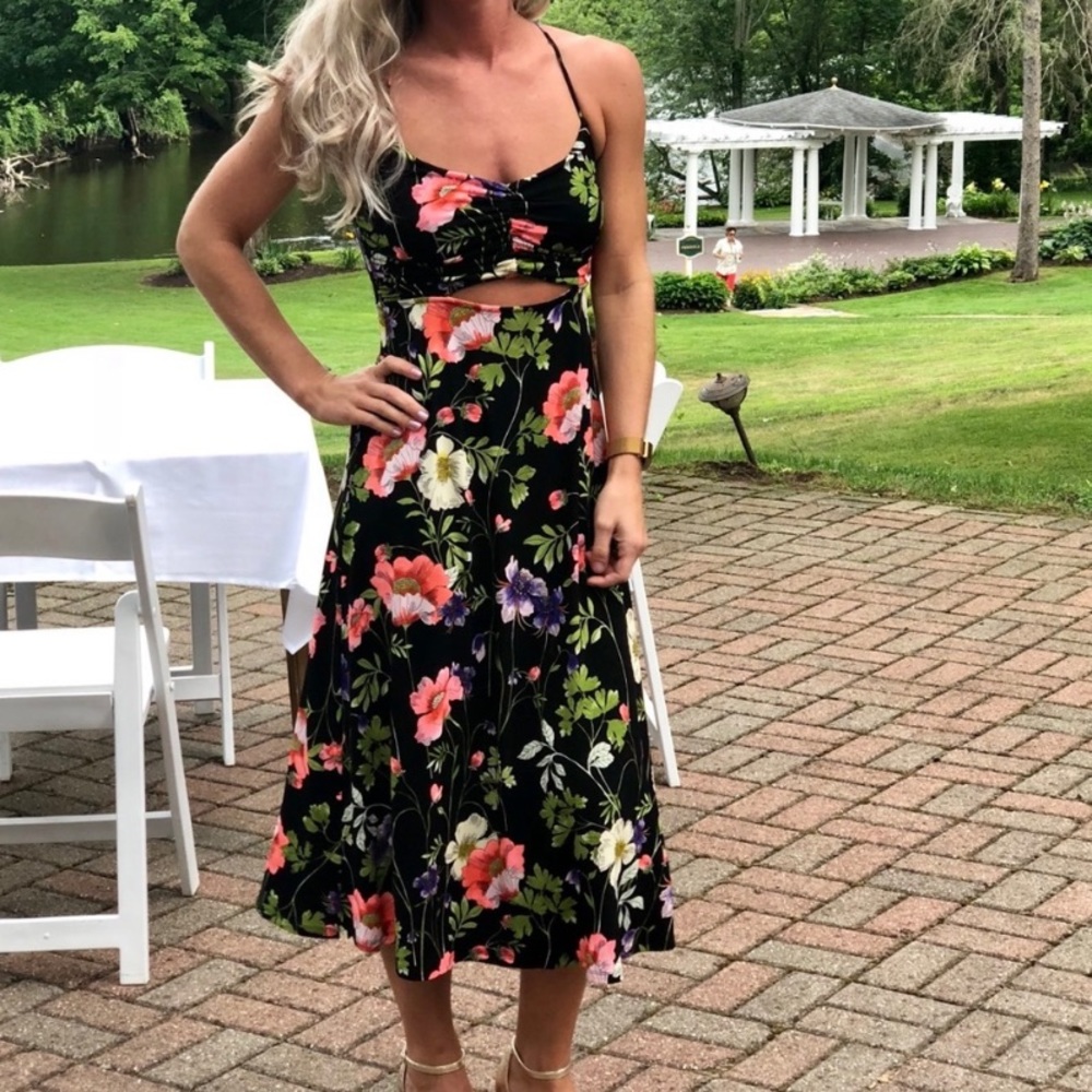 Express Black Floral Midi Dress with Pink, Coral & Green Accents